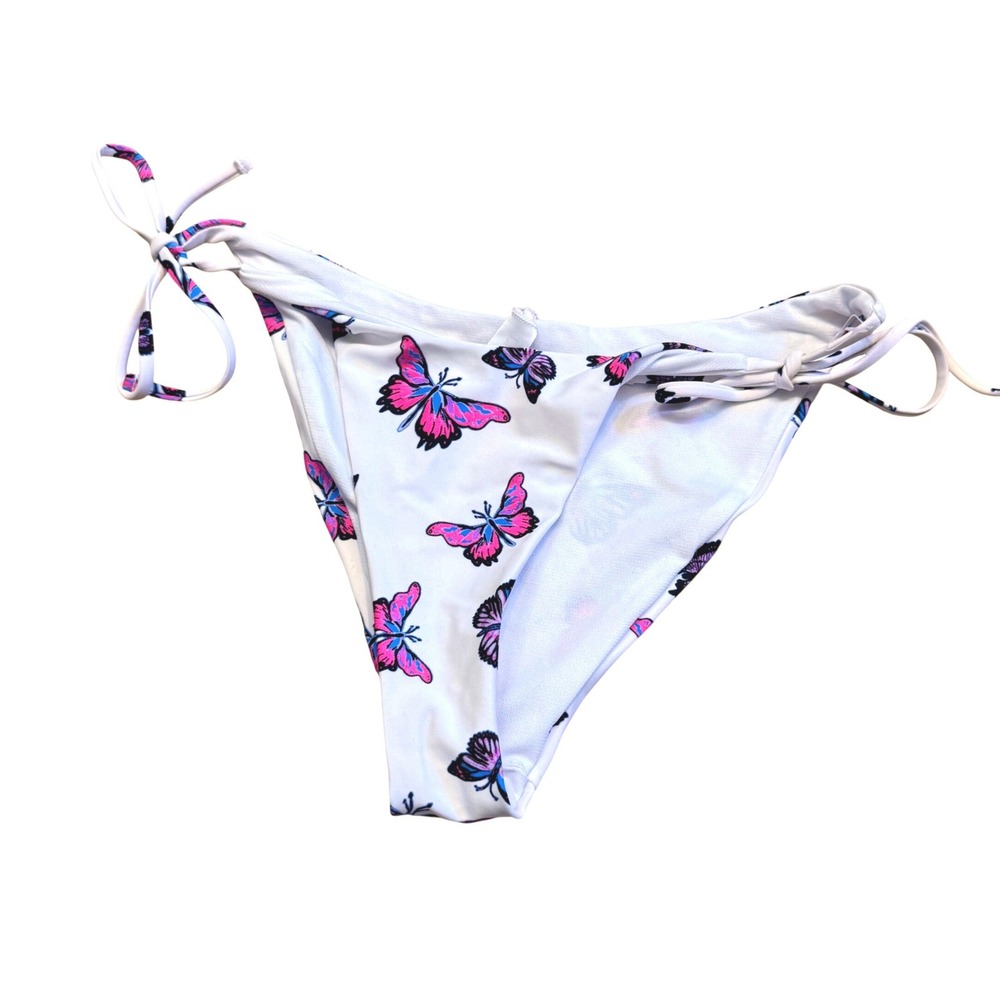 NWOT Rue21 Womens XS Butterfly Side Tie Bikini Bottoms White Pink Blue Y2K Style